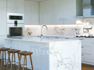 Elegant white kitchen with marble island in the middle